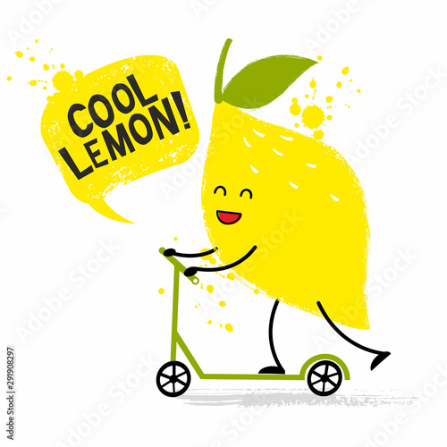 Cute lemon on a kick scooter in cartoon style. T-shirt design for kids