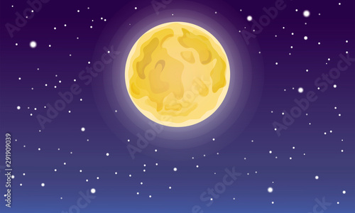 Cartoon full moon on dark starry night sky. starry and moon night backdrop. bright moon beautiful sky and stars. illustration of moon and stars on the midnight sky. Night sky scenery background.