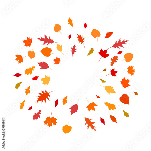 Round frame template with autumn leaves, copy space, stock vector illustration, isolated on white