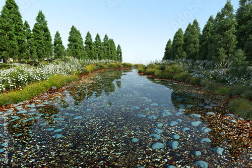 beautiful clear canal with pine trees and mountain in the blue sky