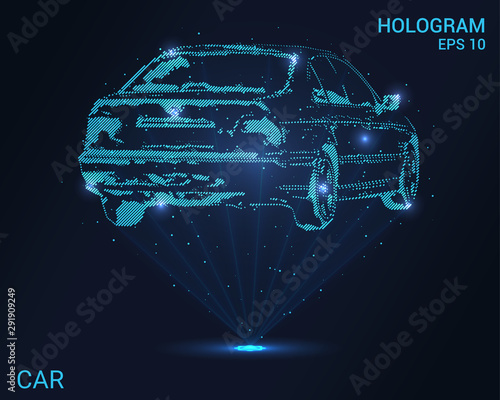 Hologram car. Holographic projection car rear view. Flickering energy flux of particles. Research design transport.