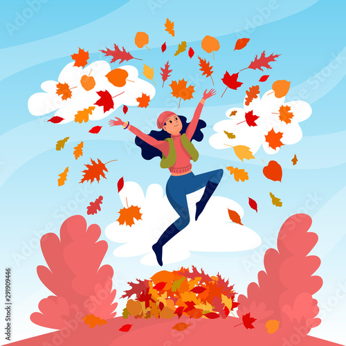 Beautiful girl with a dog is jumping in a pile of autumn leaves and throwing them, web banner, hello autumn text, stock vector