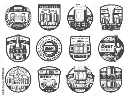 Brewing industry, beer house, bar and pub icons
