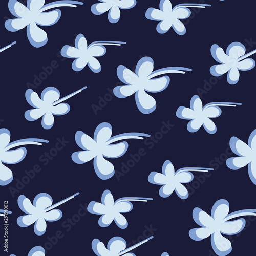 A seamless vector pattern with botanial shapes on a dark navy blue background. Surface print design.