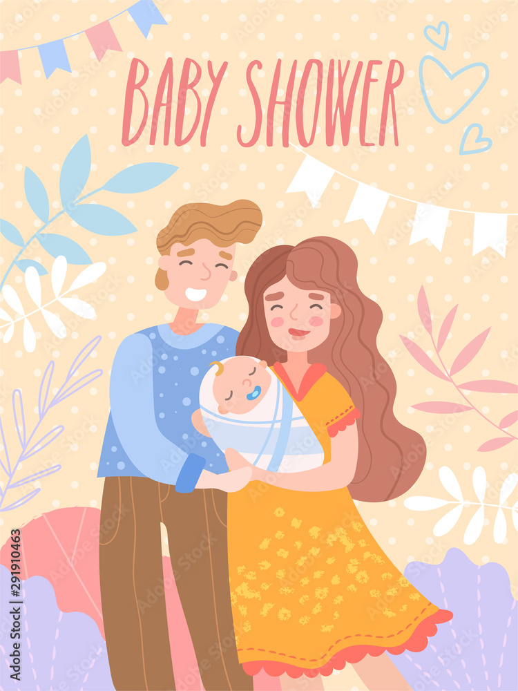 A baby shower invitation template with cute illustration of happy parents and small baby. Vector illustration A baby shower invitation template with cute illustration of happy parents and small baby. Vector illustration