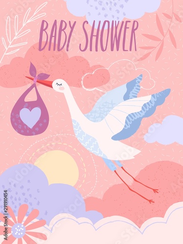 A pastel coloured baby shower invitation template with cute illustration of flying stork. Vector illustration