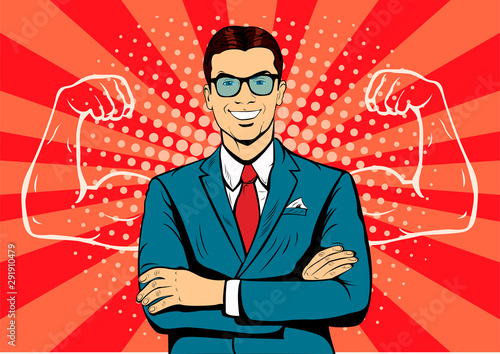 Man with muscles currency dollar pop art retro style. Strong Businessman in glasses in comic style. Success concept vector illustration.
