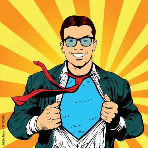 Super hero male businessman pop art retro vector illustration. Strong Businessman in glasses in comic style. Success concept.
