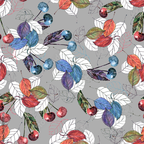 Seamless floral pattern flowers with berries. Watercolor cherry.