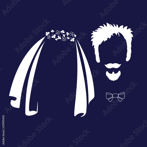 Bride and groom. Wedding veil, glasses, mustache, bow tie funny characters. Vector icons in a flat style.