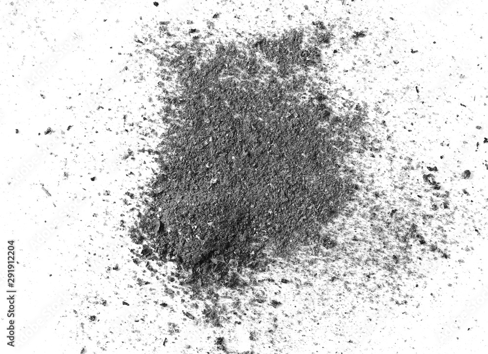 Ash pile isolated on white background, texture, top view Ash pile isolated on white background, texture, top view