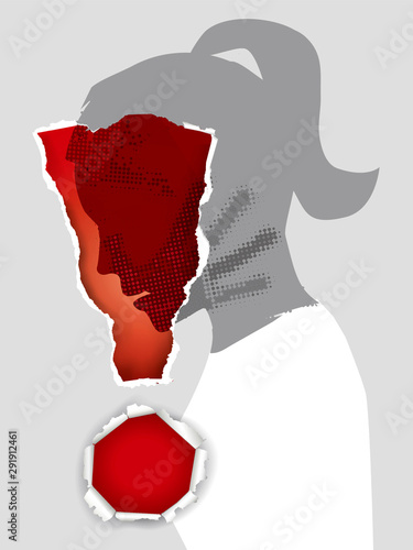 Domestic Violence against women. Young woman stylized head profile silhouette with hand print after hand slap in ripped paper exclamation mark. Vector available.