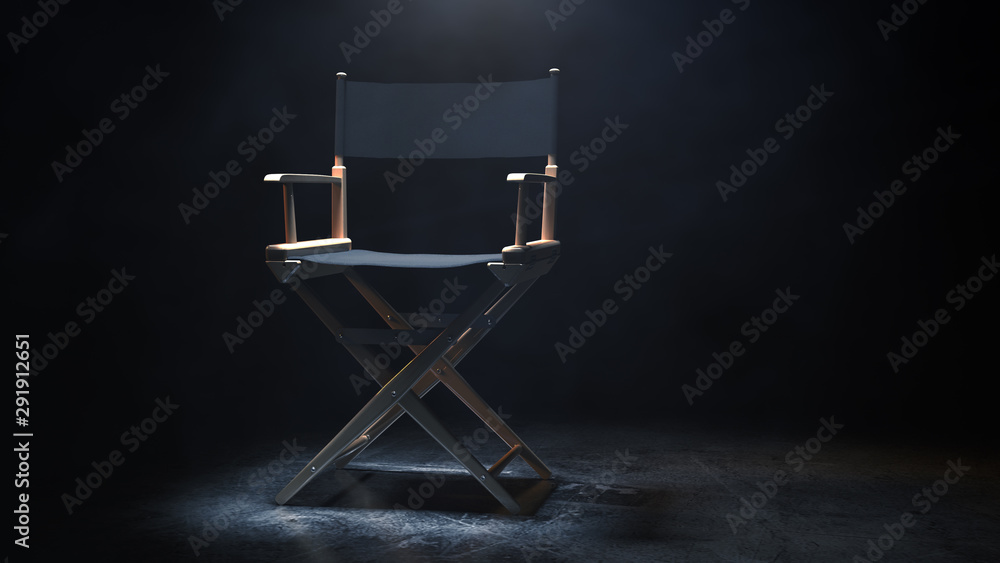 Sticker Director Chair, Movie Clapper and Megaphone in the volumetric light on a black background