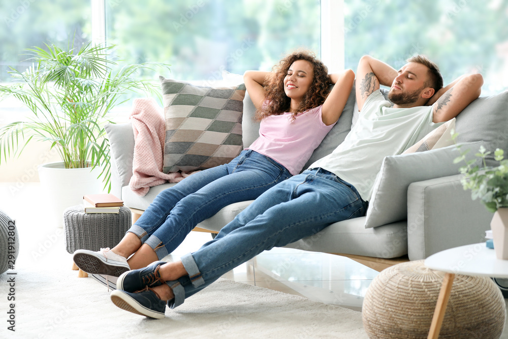 Happy young couple relaxing on sofa at home - obrazy, fototapety, plakaty 