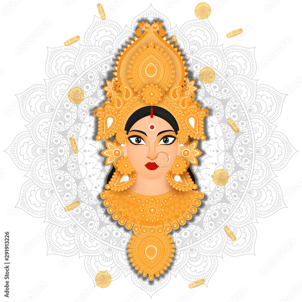 Illustration of Goddess Durga Maa face with coins decorated on mandala  pattern background. Stock Vector | Adobe Stock
