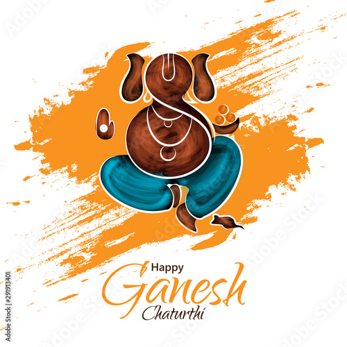 Illustration of Lord Ganesha on orange brush stroke background for Happy Ganesh Chaturthi celebration.