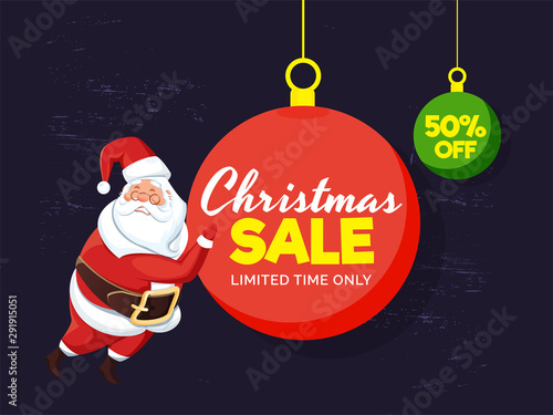 Christmas Sale tag, label or poster design with 50% discount offer and santa claus illustration on purple background.