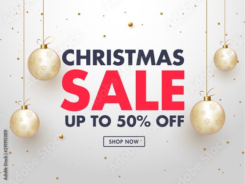 Up To 50% off for Christmas Sale banner or poster design decorated with hanging baubles.