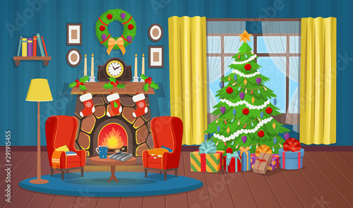 Christmas interior with fireplace, Christmas tree window and armchairs. Сartoon vector illustration. © NADEZHDA