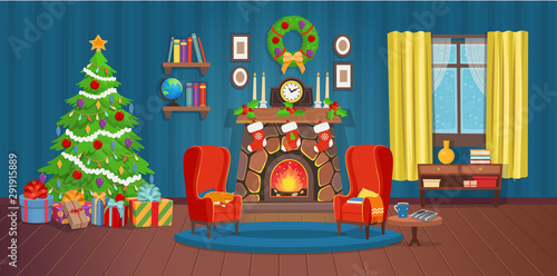 Christmas interior with fireplace, Christmas tree, window, bookshelf, desk and armchairs. Сartoon vector illustration.