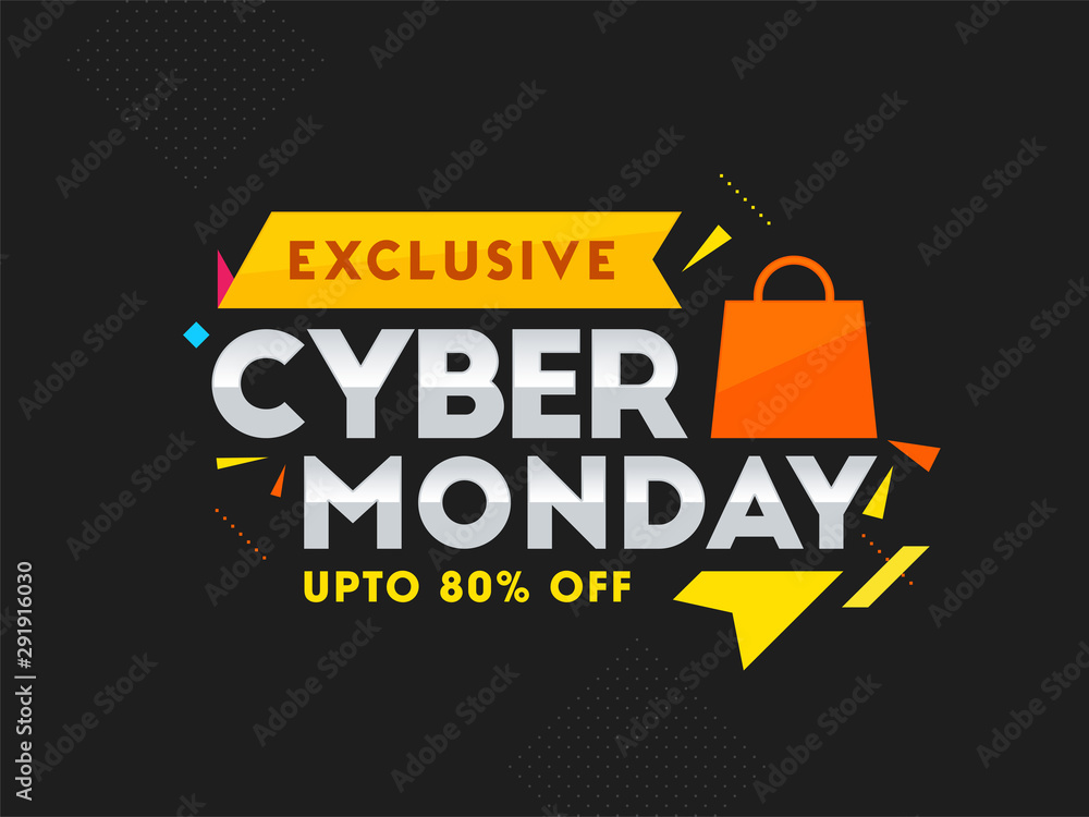 Exclusive Cyber Monday Sale banner or poster design with 80% discount offer and shopping bag on black background.