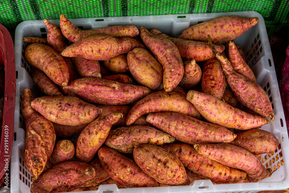 Sweet Potatoes Farm fresh - Beautifully displayed in market Sweet Potatoes Farm fresh - Beautifully displayed in market