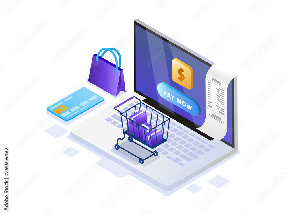 Mobile payment or money transfer with laptop concept. E-commerce market shopping online Isometric illustration. Template for web landing page, banner, presentation, social media, print media