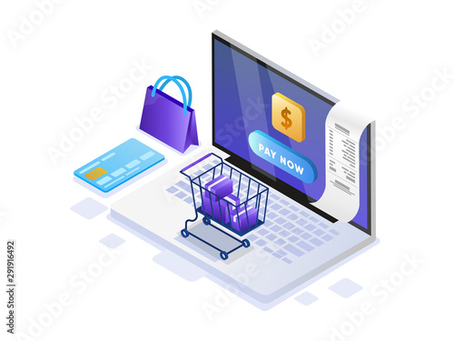 Mobile payment or money transfer with laptop concept. E-commerce market shopping online Isometric illustration. Template for web landing page  banner  presentation  social media  print media