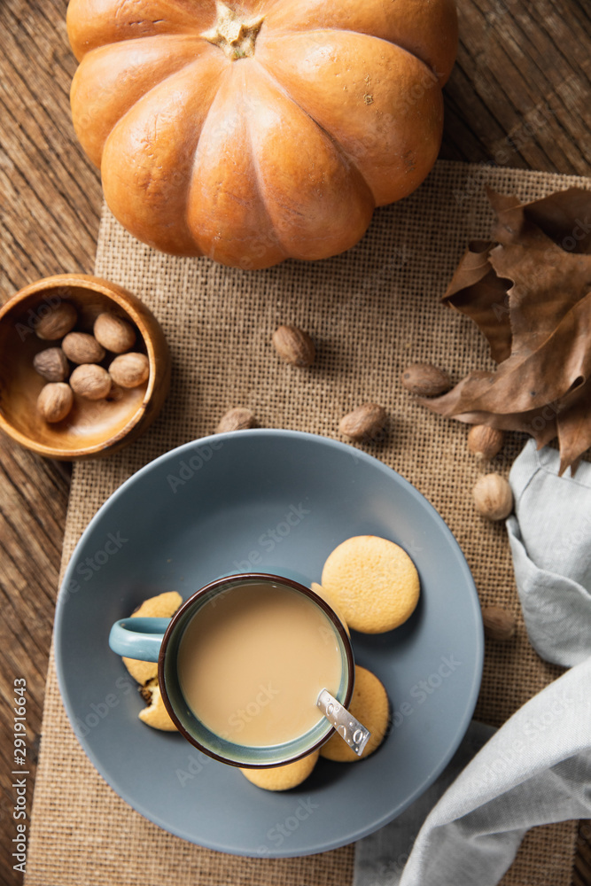 Autumn flat lay with soup and pumpkin Autumn flat lay with soup and pumpkin