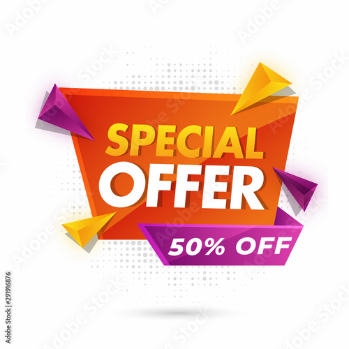 Special offer sale label or ribbon decorated with 3d geometric elements and 50  discount off on white background.