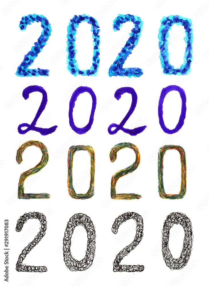 Hand written numbers 2020 for the design of New Year cards, invitations, posters, banners. illustration drawn by watercolor, ink, multi-colored pencil, spots, scribbles, strokes.