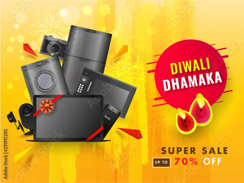 Home appliance electronic sale banner or poster design with illuminated oil lamp (Diya) and 70% discount offer on abstract background for Diwali Dhamaka.