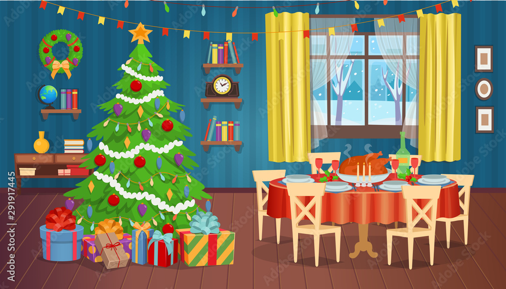 Christmas interior with fireplace, Christmas tree, window, armchairs, bookshelf, desk and holiday table with food. Сartoon vector illustration. Christmas interior with fireplace, Christmas tree, window, armchairs, bookshelf, desk and holiday table with food. Сartoon vector illustration.