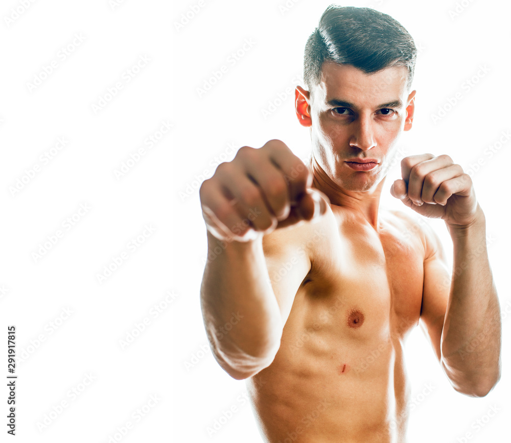 Fototapeta premium young handsome agressive man boxing isolared on white background, lifestyle sport people concept