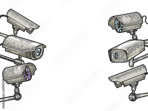 Videcam surveillance cctv cameras set sketch engraving vector illustration. Tee shirt apparel print design. Scratch board style imitation. Hand drawn image.