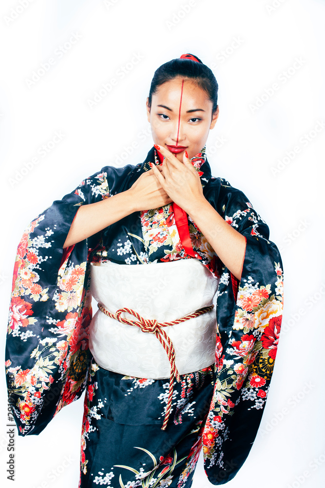young pretty real geisha in kimono with sakura and decoration on white background isolated young pretty real geisha in kimono with sakura and decoration on white background isolated