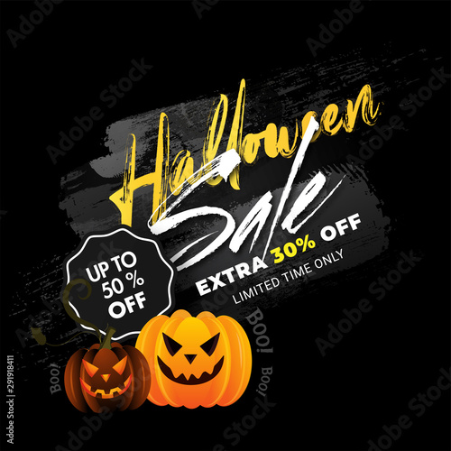 Advertising poster or template design with 50  discount offer  extra 30  off and scary pumpkins for Halloween Sale.