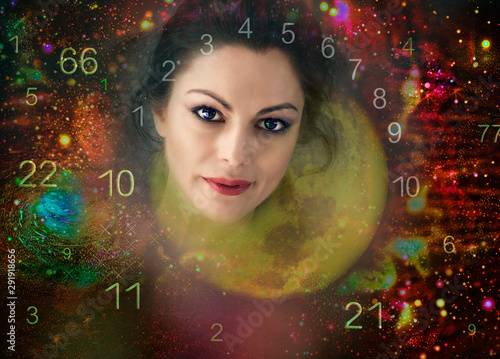 Female portrait against the background of space and numbers