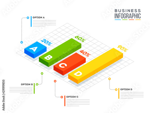 3D illustration of bar statistical infographic with different percentage for Company growth or success concept.