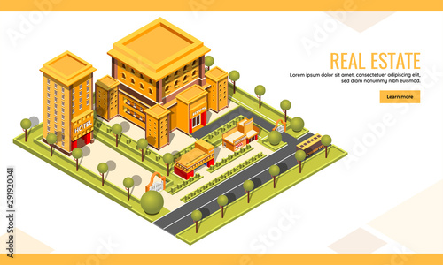 Real Estate concept based landing page design with isometric cityscape building like as school, hotel and shop along transport street background.