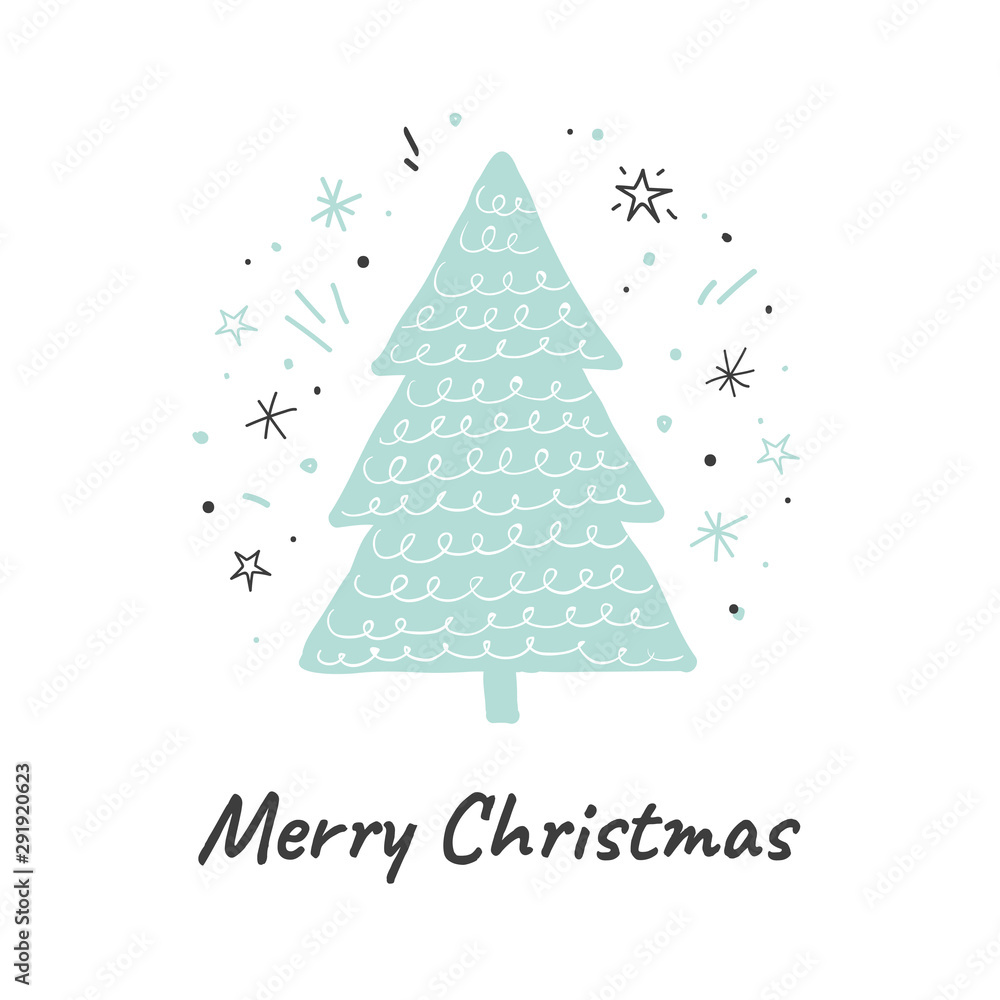 Fototapeta premium Merry Christmas. Vector greeting card with cute hand drawn Christmas tree. Scandinavian illustration