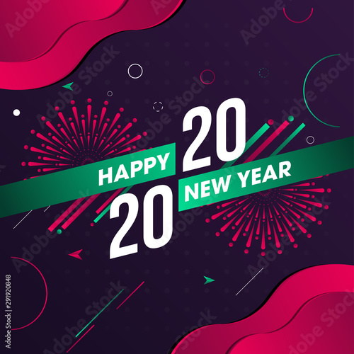 Happy New Year 2020 text with fireworks on abstract background can be used as greeting card design.