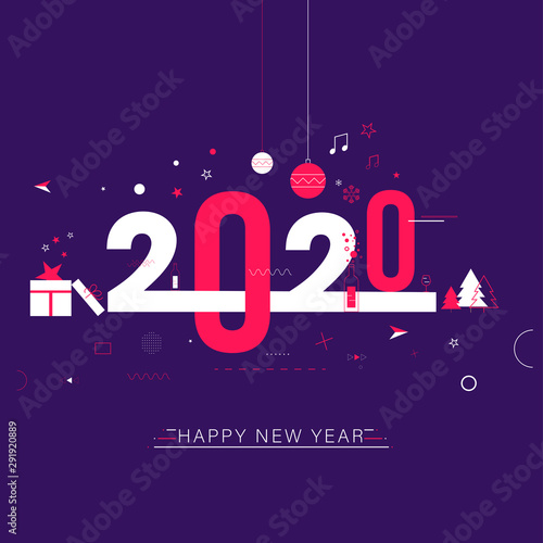 Stylish text 2020 decorated with gift box, xmas tree, star and baubles on purple background for Happy New Year celebration greeting card design.