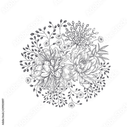 Bouquet of garden peonies and other flowers. Floral decoration.