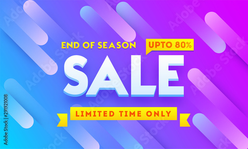 End of season sale banner or poster design with 80% discount offer on abstract rays background.