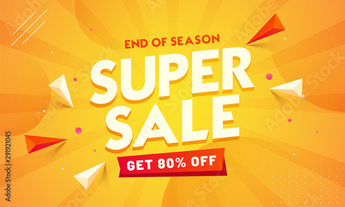 Super Sale banner or poster design with 80% discount offer and geometric elements on orange abstract background.