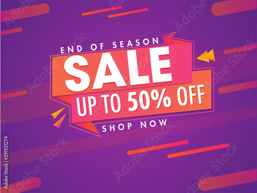 Sale banner or poster design with 50% discount offer on purple abstract background for End of Season.