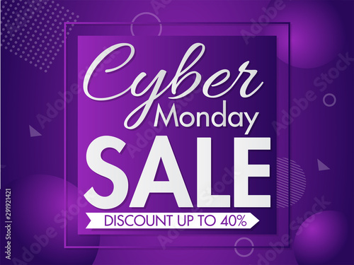 Sale banner or poster design with 40% discount offer on purple abstract background for Cyber Monday.