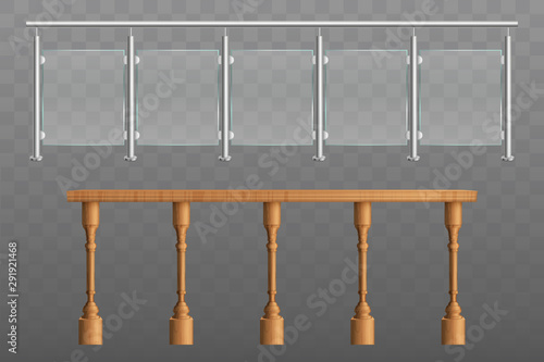 Metal, wooden handrails, banister or fencing sections set with steel pillars, glass panels, wood engraved balusters in balustrade 3d realistic vector illustrations isolated on transparent background