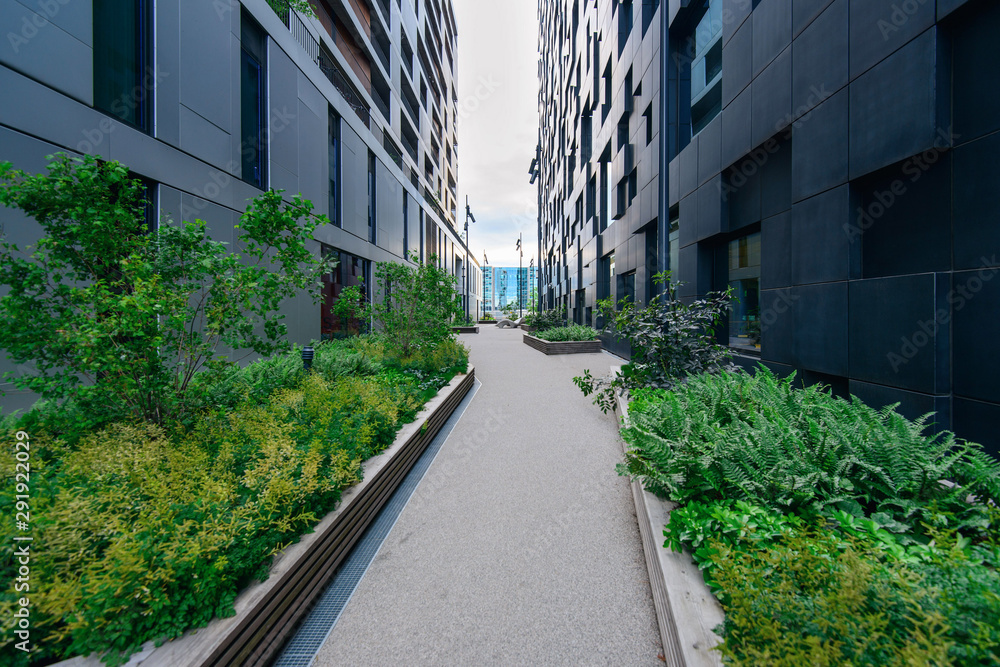 Daytime view of street in the Oslo business center. Modern architecture in Norway